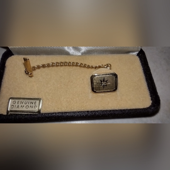 FOSTER GOLDTONE w/ Diamond, TIE TACK PIN in Box - Picture 3 of 3